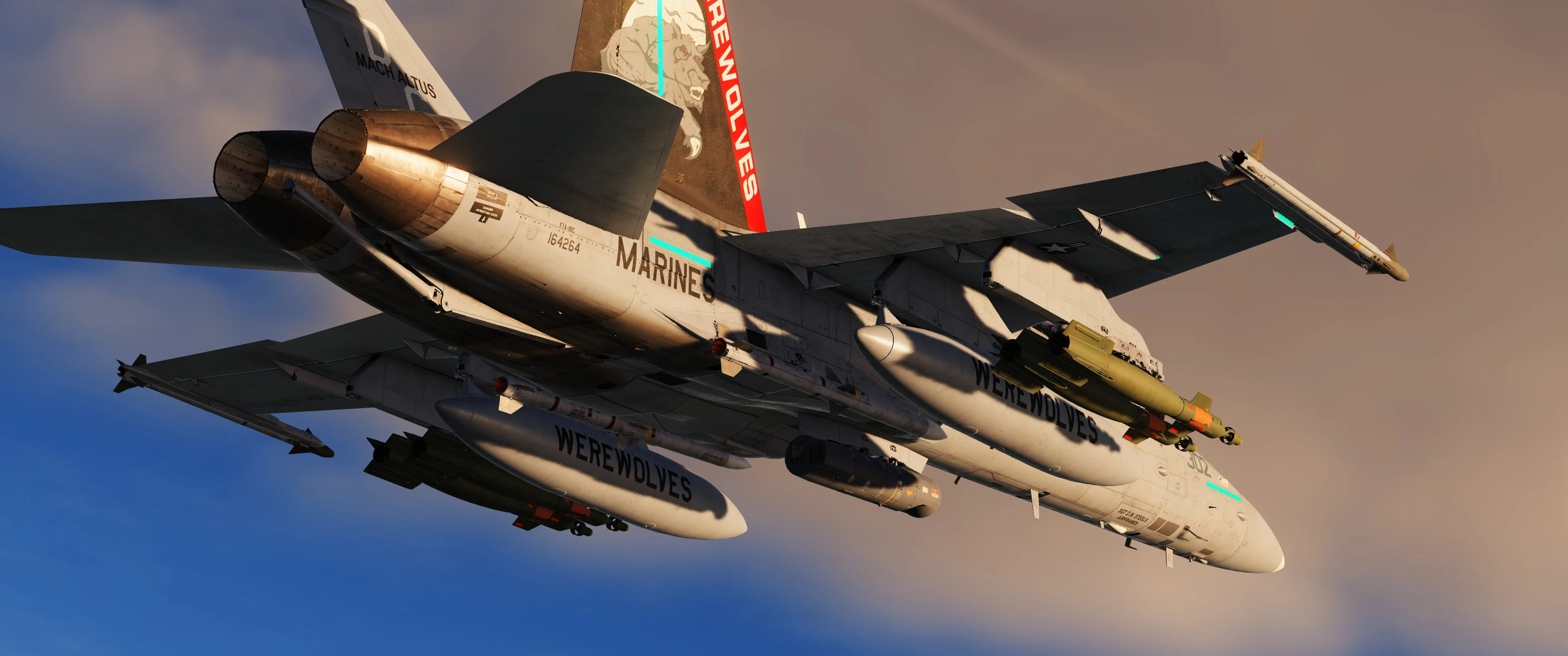 F/A-18C des Marines vu de dessous, emports sous les ailes
