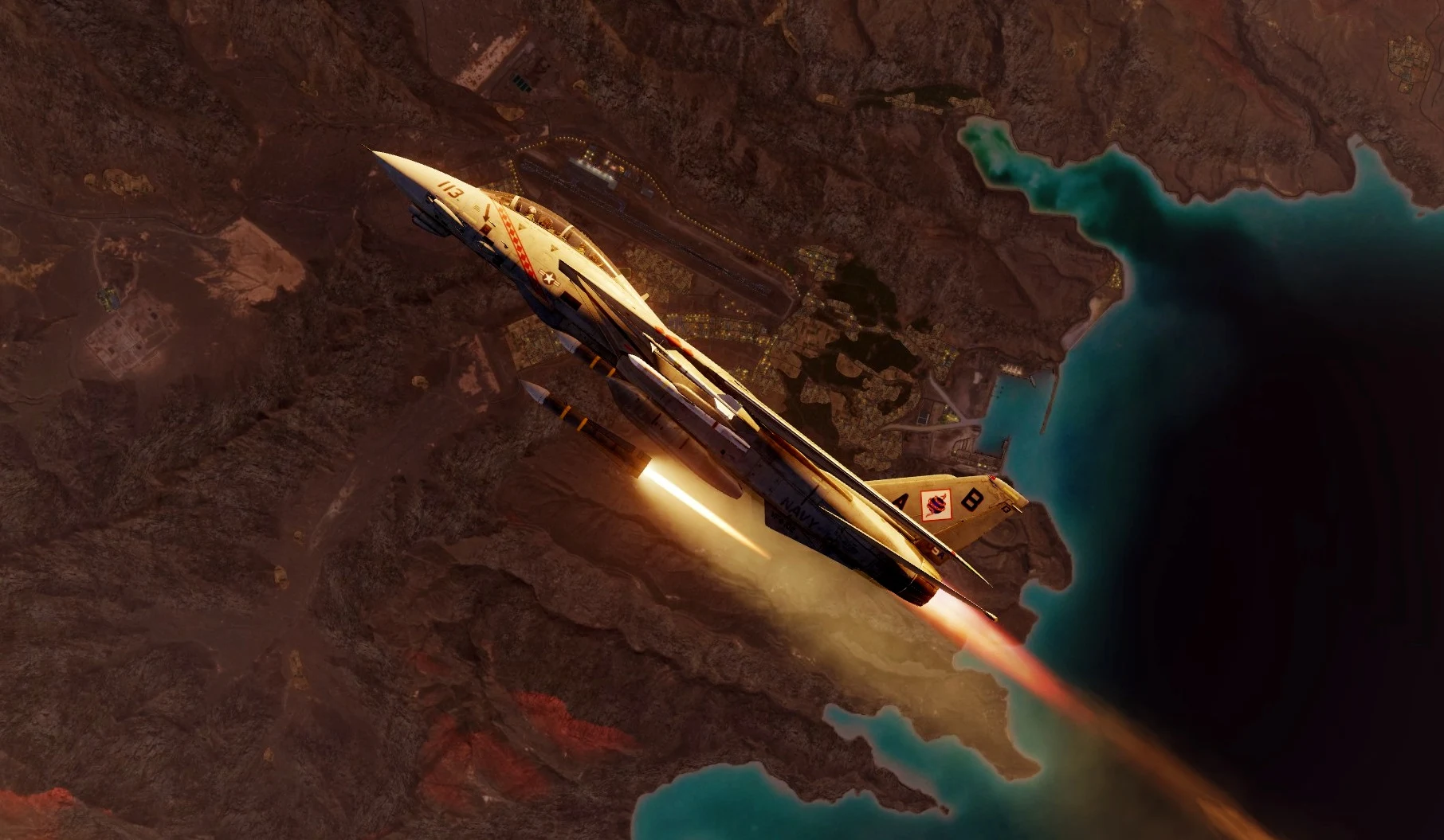 F-14 Tomcat de l’US Navy en virage, postcombustion allumée